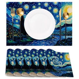Set of 6 Washable Van Gogh Starry Night Placemats Non-Slip Heat-Resistant 12x18 Inch Thick Decorative Linen Table Mats for Dining Table Home Décor