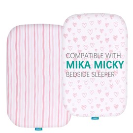 Bassinet Fitted Sheets Compatible with Mika Micky Bedside Sleeper, (2 Pack), 100% Jersey Knit Cotton Fitted Sheets, Mild Pink Stripes and Hearts Print for Baby Girls