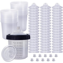 Disposable Paint Cups for Automotive Paint Gun，HVLP Paint Spray Paint Gun 20 Ounce (600ml) Kit with 55 Cups and Lids System, 1 Hard Cup with Retainer Ring and 10 Plugs
