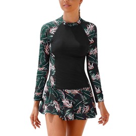 SHEKINI Damen Zweiteilige Rash Guard Set Langarm UPF 50+ Bauchweg Badekleid mit Boyshort Tankini Rashguard Shirt Schwimmrock Bademode für Frauen