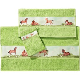 Erwin Müller Terry Towelling Set of 3 Horse Walking Terry Towelling Green Size 70 x 110 cm + 50 x 70 cm + 15 x 21 cm