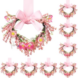 Thiccywoov 8 Packs 6 Inch Mini Pink Valentine's Day Flower Wreath Heart Shaped Garland Wreath Valentine Door Wreath for Gift Cabinet Window Chairs Wall Hanging Wedding Party Decor