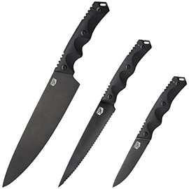 DFACKTO Premium Rugged 3 Piece Kitchen and Camping Knife Prep Set, Stonewashed High Carbon Stainless Steel, G10 Handles, Black, Cutlery, BBQ, Tactical