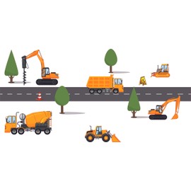 Home Art Construction Vehicles Vinyl Wall Decal - 22" x 36" Kids Bedroom Living Room Earthmoving Machines Decor Design Decoration Excavator Concrete Mixer Front Loader Bulldozer Sticker