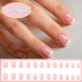 24Pcs White French Tips Press On Nails - French Manicure Art Acrylic Short Square Full Cover False Nails with Glossy Finish