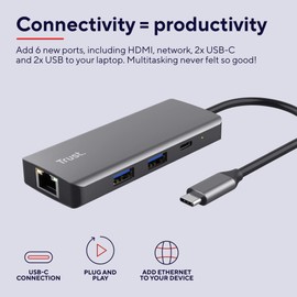 Trust Dalyx USB C Adapter 6-in-1, USB-C Hub with 4K HDMI, 2 x USB-C, 2 x USB 3.1 Data Ports 5 Gbps, Gigabit Ethernet Port, Docking Station USB Splitter for MacBook Pro/Air, Laptop, PC - Silver