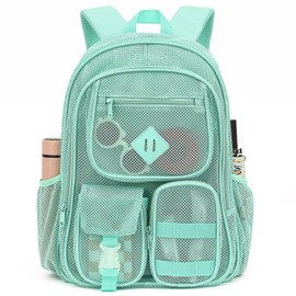 Cuayxox Green Mesh Backpack for Girls Boys, Heavy Duty School Bookbag Womens Semi-Transparent Net Back Pack for Work Travel Beach