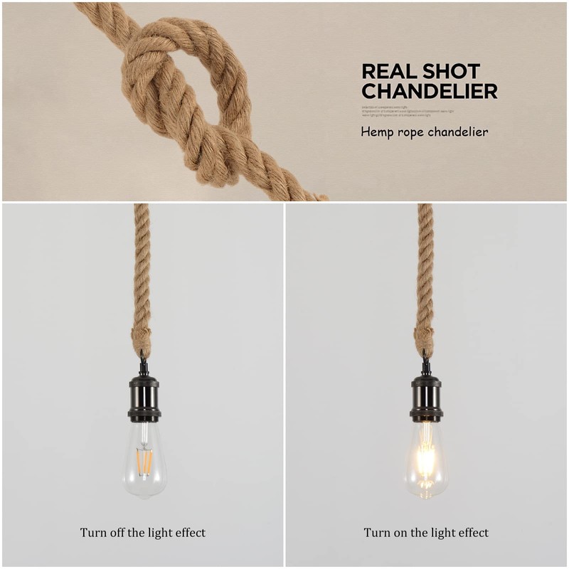 COOBATG Industrial Hemp Rope Chandelier;Single Head Farmhouse Pendant Lights E26