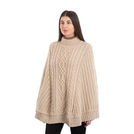 SAOL 100% Merino Wool Cable Knit Ladies Irish Aran Poncho Cardigan (Parsnip,S-M)