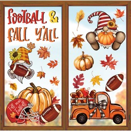 Whaline 6 Sheets Fall Window Clings Fall Football Helmet Pumpkin Gnome Truck Reusable Window Decals for Autumn Sports Game Day Party Supplies Home Classroom Office Decor
