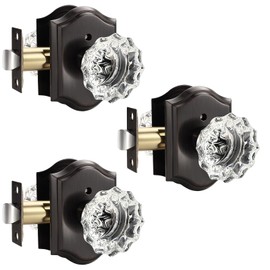 KNOBWELL Glass Door Knobs Interior, Vintage Privacy Crystal Door Knobs for Bedroom &Bathroom, Oil Rubbed Bronze Door Locksets, Push Pin Button Inside Lock, 3 Pack