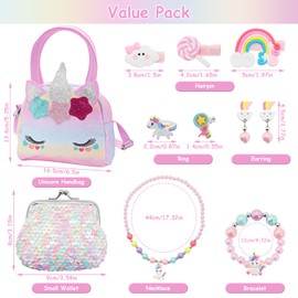 Aleker Unicorn Bag with Jewelry Set for Girls, Unicorn Gifts for Girls, Unicorn Handbag Princess Jewellery Set, Unicorn Princess Dress Up Accessories Jewelry Set for Girls 3 4 5 6 7 8 Year Old