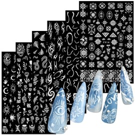 6 Sheets White Flower Nail Art Stickers, 3D European Style Nail Self-Adhesive Sticker Design, Flowers Leaf Sun Moon Stars Line Nail Transfer Decals Supplies for Women Girls Manicure Charms Decorations