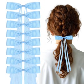 8 PCS Hair Bows for Women and Girls，Blue Tassel Ribbon Bow Hair Clips Barrettes for Girl with Long Tail, Solid Satin head Accessories(Blue)