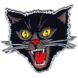 PatchClub Black Cat Patch Iron On/Sew On - Screaming Rockabilly Cat Patch Punk Patches for Jacket, Vest, Jeans, Backpack