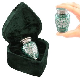 Elegant Keepsake Cremation Urn for Human Ashes – Engraved Silver Metal Mini Urn with Luxury Heart Shaped Velvet Box, Bag & Funnel – Sharing Memorial Urn for Pets & Loved Ones (Green Birds)