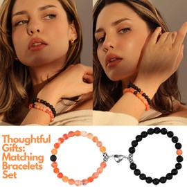 Set Of 2 Couples Bracelet Magnetic Healing Natural Bead Stone Stretch Bracelet Unisex Anniversary, Friendship, Valentine, Christmas Gift (Lava+Orange Weathered, Without Giftbox)