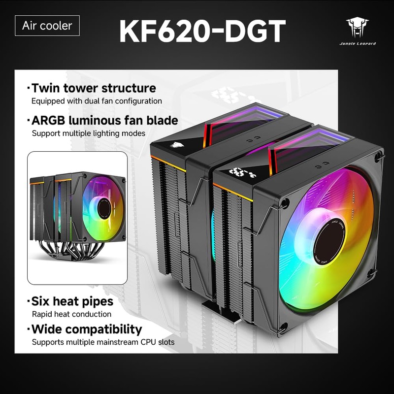 Jungle Leopard KF620-DGT CPU Air Cooler, Dual ARGB PWM Fans,