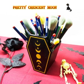 LIJEPNA Goth Makeup Brush Holder for Vanity Desk, Coffin Pen Holder for Office Desk,Wooden Pencil Holder,Gothic Makeup Organizer, Black Decor for Home,Room,Bathroom,Bedroom,Living room,Witchy Gifts