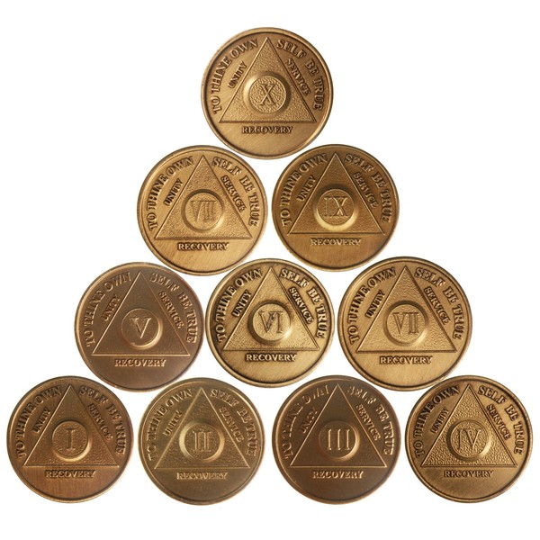 wendells AA Alcoholics Anonymous Bronze Medallion Set Year 1 - 10 Serenity Prayer Medallions Chips Years 1 2 3 4 5 6 7 8 9 10