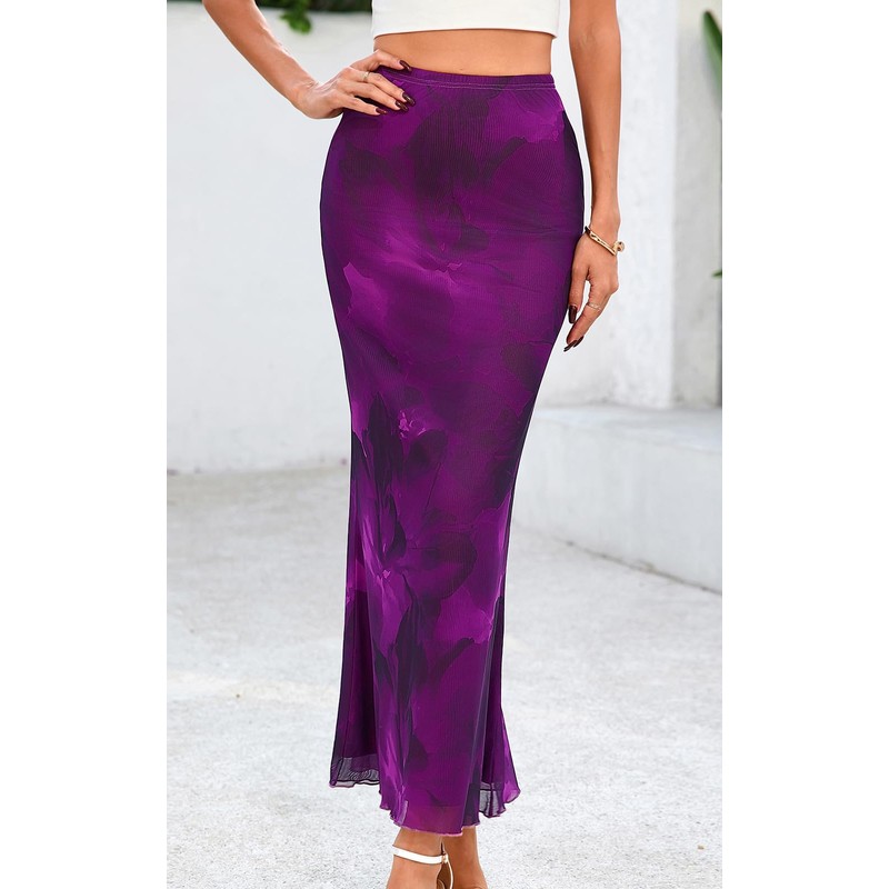 PRETTYGARDEN Women's Floral Print Mesh Long Skirt High Waisted Bodycon