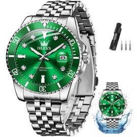 OLEVS Watch Men,Silver and Green Watches for Men,Mens Green Watch,Men Watches Green Face,Two Tone Mens Watch,Big Face Mens Watches with Date,Luxury Watches for Men Diamond,Relojes para Hombres