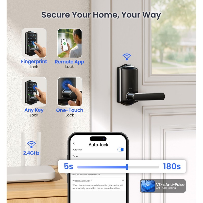 Veise VE029 WiFi Smart Lever Lock, Fingerprint Keyless Entry Door