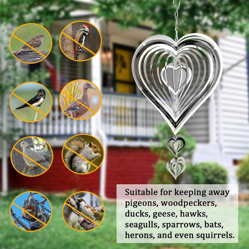 Heart Reflective Wind Spinner Set, Double-Sided Holographic Bird Reflector Discs
