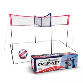 CROSSNET 4-Way Volleyball Net with Carrying Backpack & Ball - 4 Square Volleyball Game Set for Adults and Kids - Quick Assemble Outdoor Game - Four Square Volleyball Net - Backyard Yard Games & Gifts