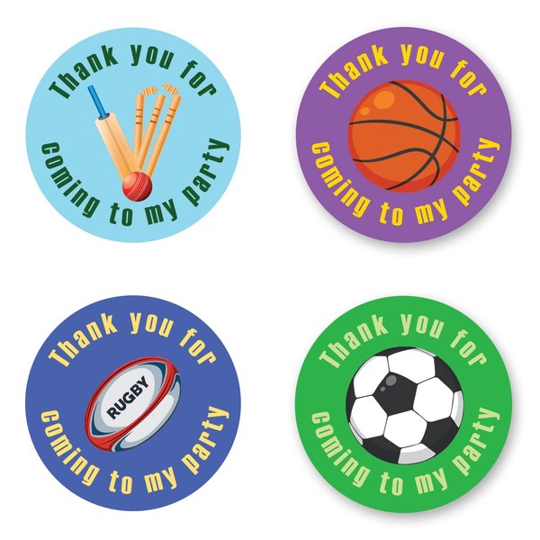 40mm Sporty "Thank You for Coming to My Party" Round Stickers for Party Bags & Sweet Cones - Football, Basketball, Cricket & Rugby Sport (24 x Stickers)