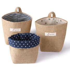 3 PCS Mini Hanging Storage Bag Cotton Linen Small Storage Basket Wall Hanging Storage Pouch Foldable Storage Box Family Organizer Decorative Bag for Key Sunglasses Snack Wallet on Door Closet Desktop