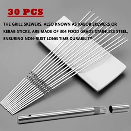 16.2" Kabob Skewers for Grilling with Push Bar Double Pronged Anti-Roll Flat BBQ Skewers for Grilling Stainless Steel Reusable Kebab Skewers for Meat Chicken Veggie (30, 15.1Inch)