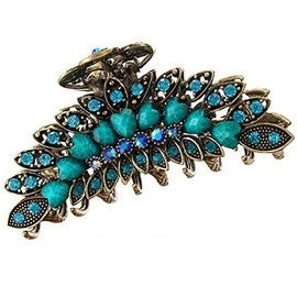 Women Lady Retro Flowers Hair Claw Clip Vintage Alloy Rhinestone Non-Slip Hair Jaw Clips Hairpin Large Hair Updo Grip Bath Accessories for Thick Hair Fancy Hair Clamp (Blue)