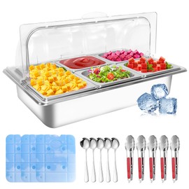 Countertop Ice Food Serving Display Tray with 5 Pan, Salad Bar Buffet Station for Home, Cold Food Buffet Server, Pizza Topping Station, Cold Buffet Table Serving Station for Party