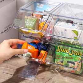 Yerliker Clear Plastic Storage Bins with Lids Large Stackable Pantry Storage Organizer Bins Kitchen Organization Cabinet Organizers Ideal Containers for Fridge, Kitchen, Cabinets, Bathroom (4 Pcs)