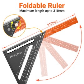 Carpenter's Square, Preciva Try Square, Multifunctional Foldable Triangle Protractor, Aluminium Alloy Ruler for Woodworking, DIY, Crafts