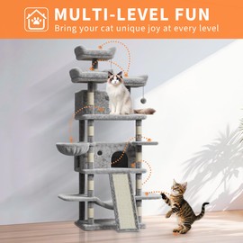 68.5-Inch Multi-Level Cat Tree for Indoor Cats Large Adult Heavy Duty Cat Tower for Large Cats with 2 Condos/Plush Perches/Sisal Scratching Posts/Hammocks/Basket/Dangling Balls, #2601 Light-Grey
