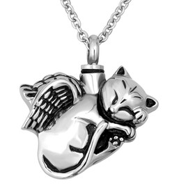 OutstandLong Cute Angel Cat Pet Urn Necklace for Ashes Cremation Jewelry Memorial Animal Stainless Steel Pendant Ashes Holder Keepsakes Jewelry