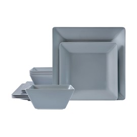 TP 12-Piece Square Dinnerware Set, Melamine Dishes Set with Bowls and Plates, Non-breakable Lightweight Dinner Service for 4