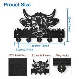 MAYJOYDIY Cow Coat Rack Wall Mount 30×20cm Wood Farm Animal Wall Art Decor Bull's Head Key Holder for Wall 5 Alloy Hooks Black Hook Rack Hat Towel Wall Hook for Entryway Living Room Bedroom Gift