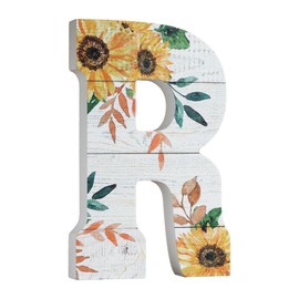 COLLECTIVE HOME - 10" Wood Lettes for Wall Decor, Sunflower Tabletop Alphabet Decoration, DIY Farmhouse Decor, Rustic Freestanding Monogram Block (R)