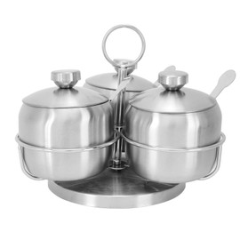 Seasoning Containers Set, Rotating Stainless Steel Spice Pot Seasoning Bottle, Salt Pepper Sugar Storage Bottle with Spoon and Storage Rack