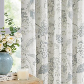 Kayne Studio Blue Grey Blackout Curtain Panels Linen Botanical Leaf Print Floral Farmhouse Drapes Soundproof Light Blocking Window Treatment Living Room Bedroom Pinch Pleated BackTab,40"x84",2 Panels