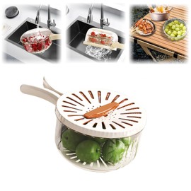 Large MultiPurpose Fruit Strainer Drain Basket with Lid & Collapsible Handle,2 in 1 Draining and Preservation Basket, Fruit Washing Bowl with Strainer for Fridge Freshness and Outdoor Picnics(Brown)