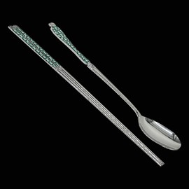 BALWOO [Made in Korea] Goryeo Celadon Design Korean Table Sticky Rice Spoon and Chopsticks 430 Stainless Steel Glossy Surface Mukbang Cutlery (Blue, 5 Sets)