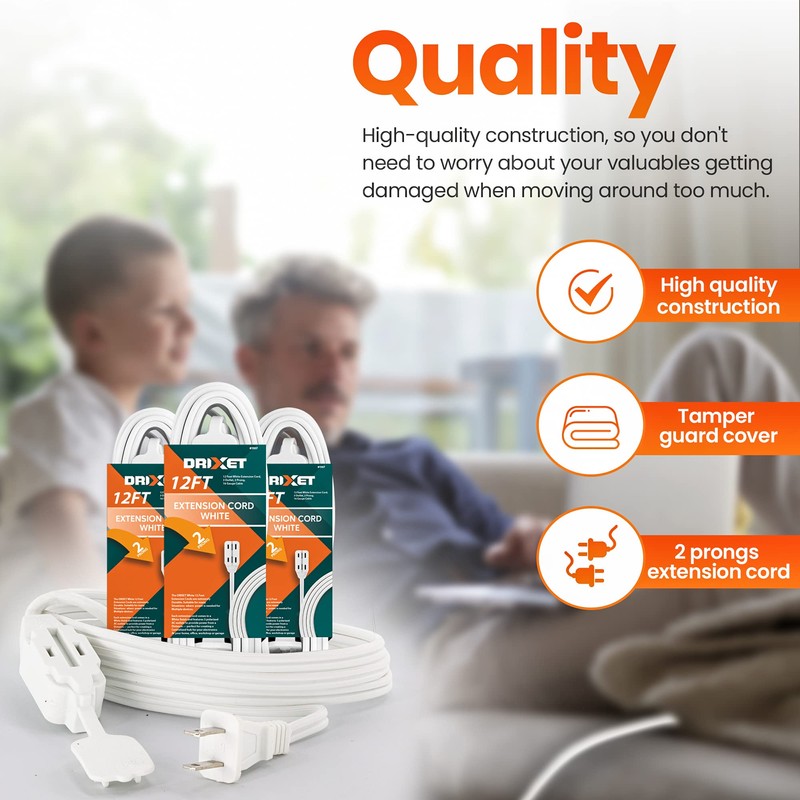 [UL Listed] 12 Feet White Extension Cord, 3 Outlet, 2