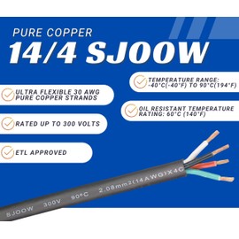 40 Feet 14/4 SJOOW Cable Cord 14 AWG 4 Conductor SO Wire - 14 Gauge 4 Conductor (14/4 Wire) 300V Portable Power Extension Cable for Motor Leads, Portable Lights, Battery Chargers