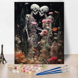 TISHIRON Paint by Numbers Adults, DIY Hand Painted Oil Painting A Loving Couple Bones with Flowers Kit for Beginners, Head Skull Painting Set, Easy Painting by Numbers, 40 x 50 cm