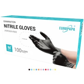 EUROPAPA® Disposable Nitrile Examination Gloves, Powder–Free, Latex–Free, Non–Sterile, Box of 100, M, Black