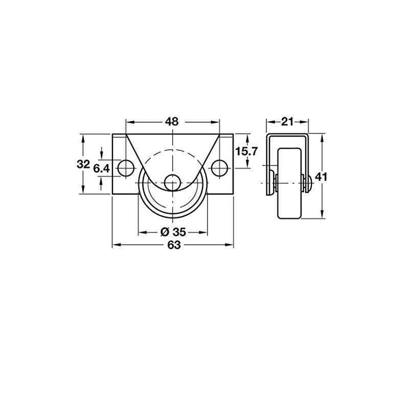 4 x Fixed Single Wheel Castors Without Brake Ø 35
